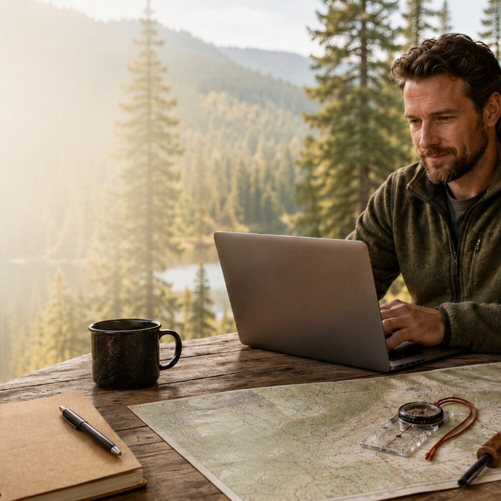 A practitioner studying by a campfire in the forest