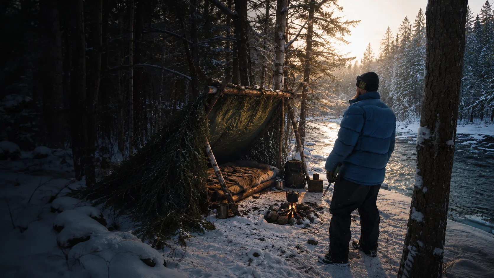 A practitioner standing beside a debris shelter at sunrise on a snowy riverbank