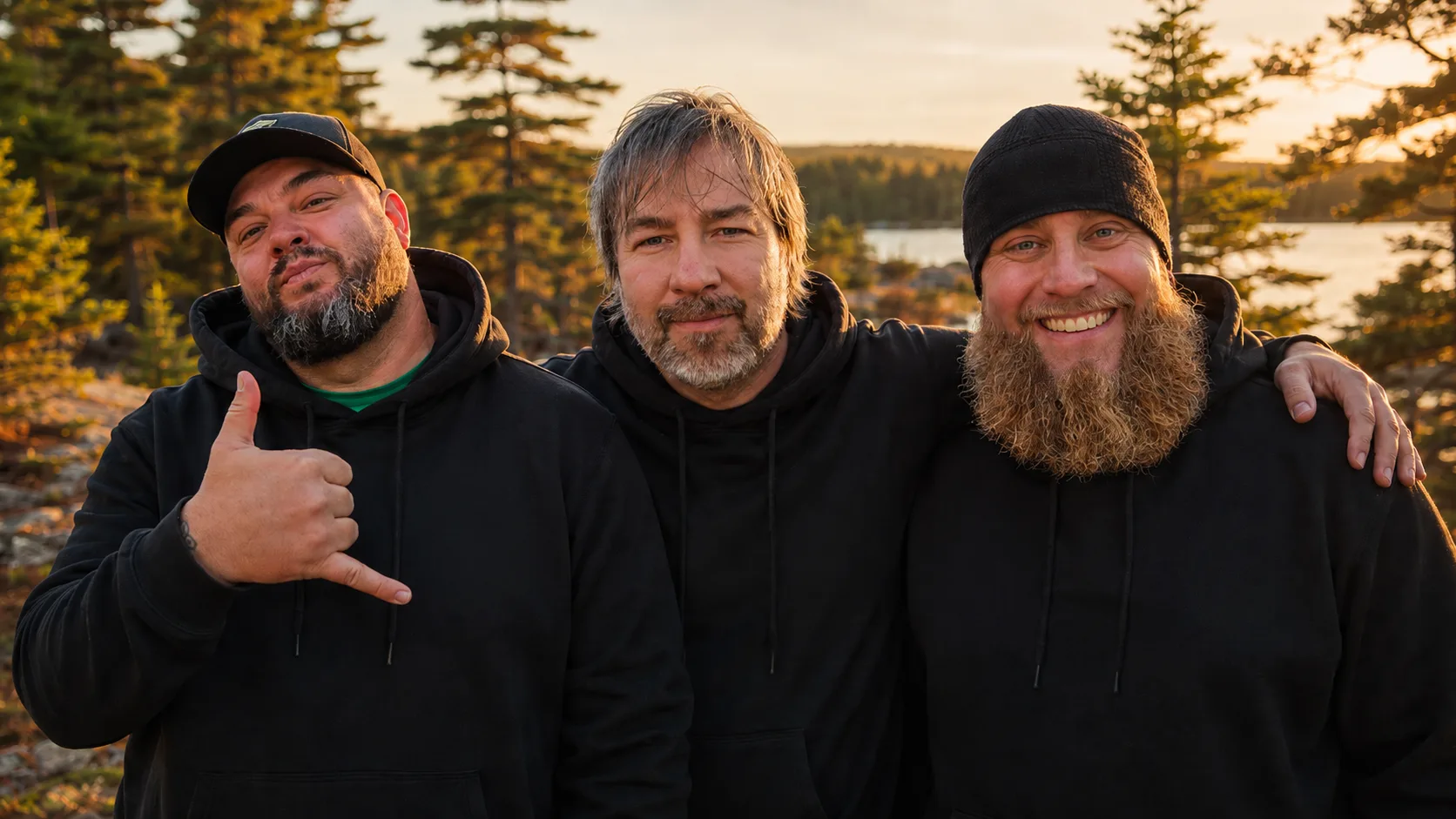 Three NBWSR co-founders standing together by a Canadian lake at golden hour